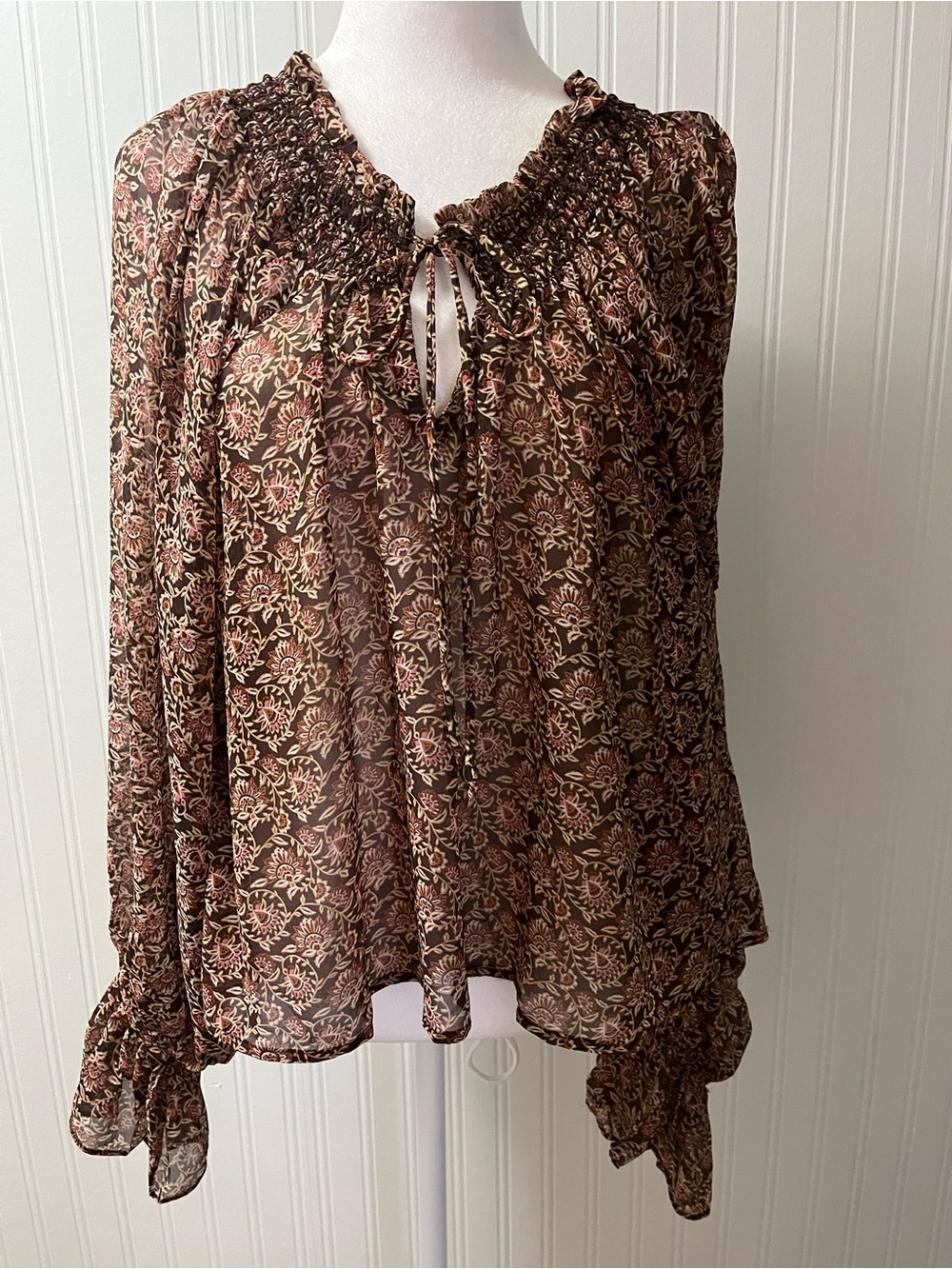 Olivaceous Brown Floral Sheer Tie-Neck Blouse